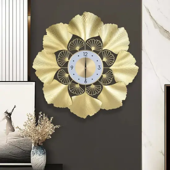70cm Gold Round Ginkgo Biloba Wall Clock Large Wall Watch Living Room Home Decor {2}