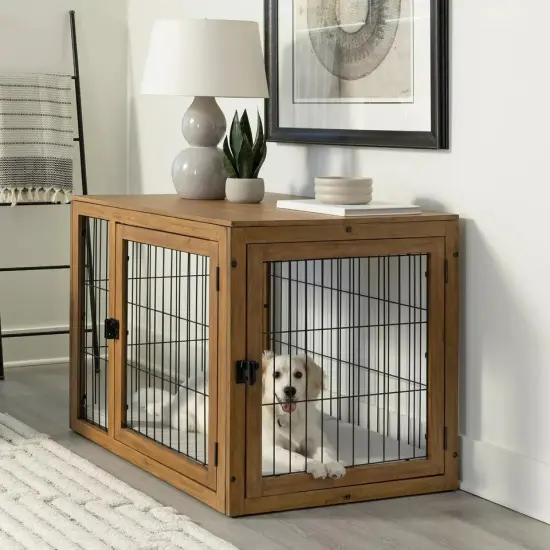 Furniture-Style Dog Crate Acacia Wood Kennel Large Dogs Cage Furniture, Natural {3}