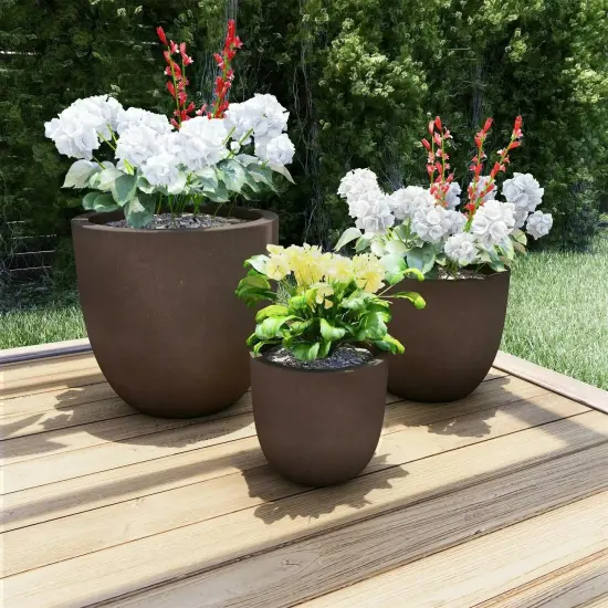 3 Large Heavy Fiber Clay Outdoor Planters Flower Pots All Season Patio Decor {1}