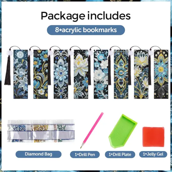 8 Pieces Floral Diamond Art Painting Bookmarks Kits for Beginners (Flower) {2}