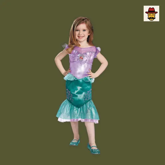 Kids Classic Little Mermaid Ariel Costume, Satiny Dress Shimmer Ruffles Character Cameo {6}
