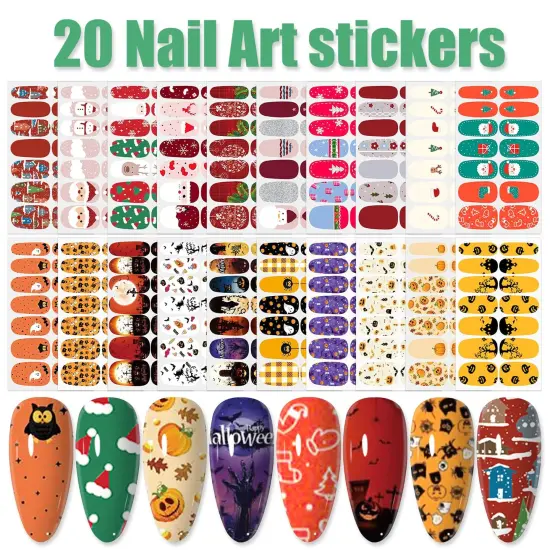 20 Sheets Mixed Halloween & Christmas Nail Wraps Stickers {4}