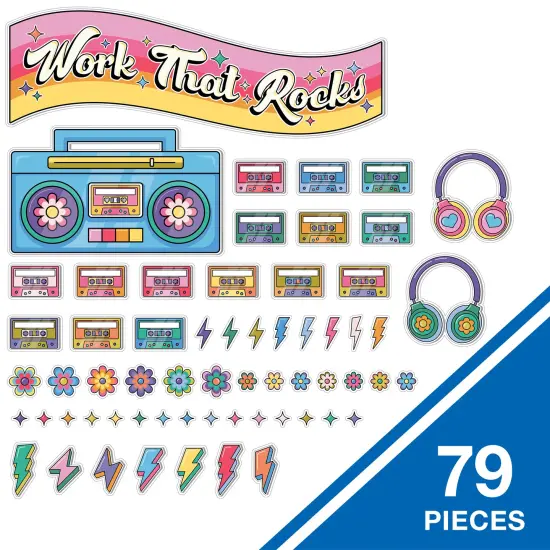 Happily Ever Elementary Retro Remix 79-Piece Work That Rocks Motivational Bulletin Board Set, Boombox, Cassette Tapes, Headphone, Flowers and More Groovy Bulletin Board Decorations for Classroom Decor {2}