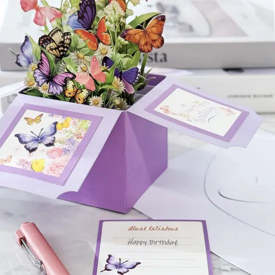 Wrapables 3D Pop Up Floral Greeting Card, Flower Bouquet Card for Birthdays, Butterflies {6}