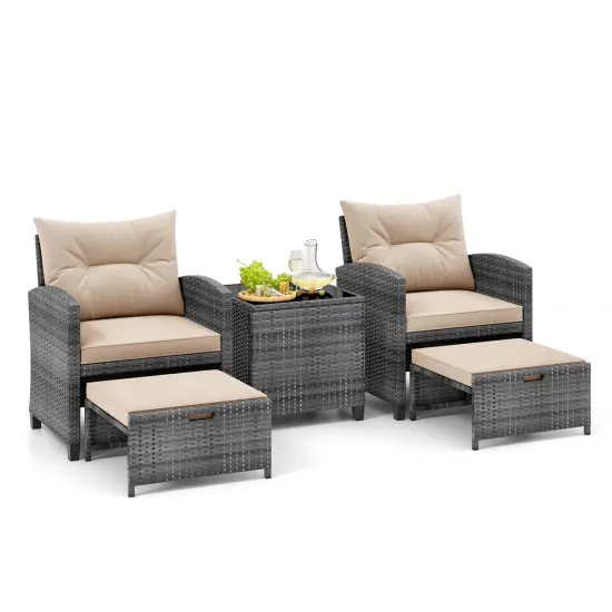 Costway 5 Piece Patio Rattan Furniture with 2 Ottomans & Tempered Glass Coffee Table Black/Grey/Navy/Beige/Red {10}