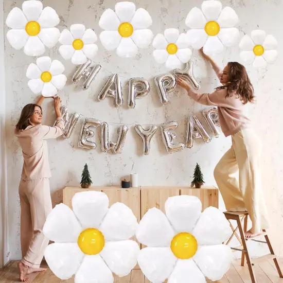 9 Pieces Large Daisy Flower Balloons Set - 3 Sizes White Flower Shaped Aluminum Foil Balloon for Daisy Birthday Decorations, Baby Shower, Wedding, Groovy Boho Daisy Party Supplies {5}