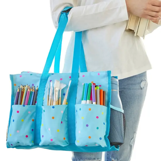 Utility Tote Bag with Pockets and Compartments - Zip Top All Purpose Travel Organizer for Teachers, Nurses, Women (Light Blue, 14.5 x 10.5 x 6 In) {7}