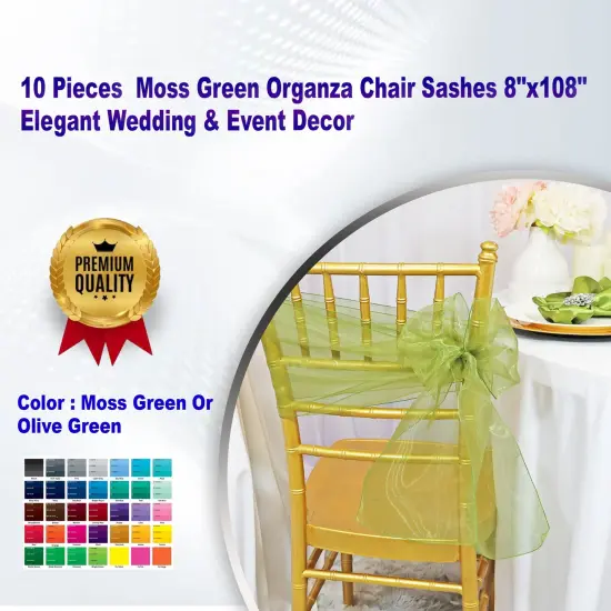 10 Pieces Moss Green Organza Chair Sashes 8"x108" Elegant Wedding & Event Decor {1}