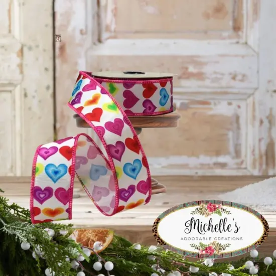 1.5" Colorful Hearts Ribbon: White (10 Yards) {3}