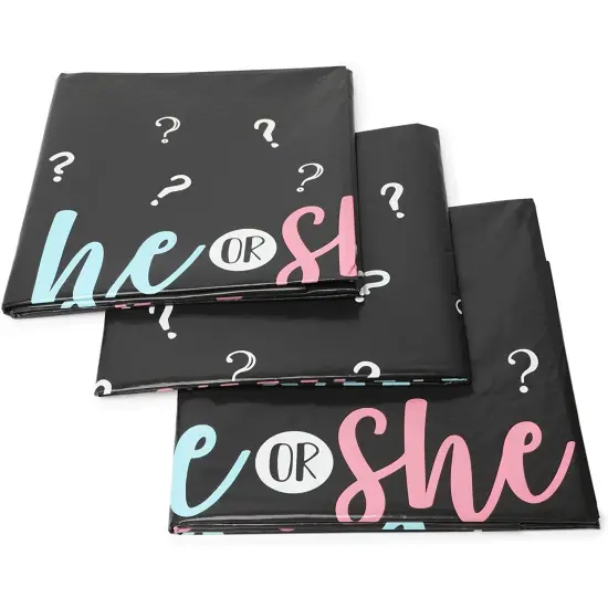 Gender Reveal Party Plastic Tablecloth, He or She (54 x 108 in, 3 Pack) Black {3}