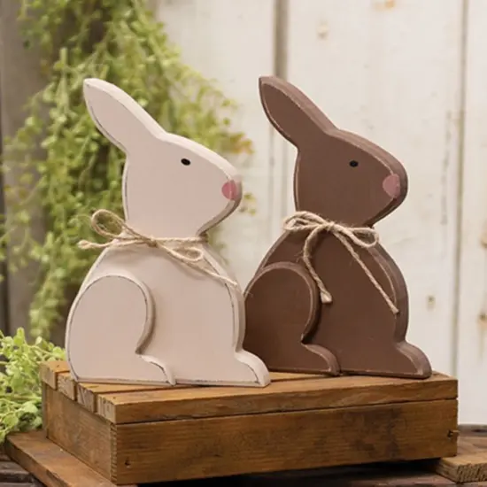 2 Asstd. Large Chunky Wooden Sitting Bunny Figurines for Easter Decor {4}