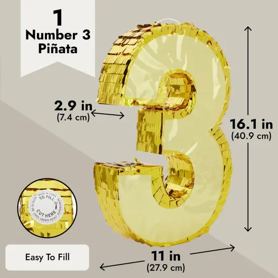 Juvale Gold Foil Number 3 Pinata for Kids Ages 3-14 Birthday Party Decorations, Centerpieces, Anniversary Celebrations, Small (11.1 x 2.9 x 16.1 In) {4}