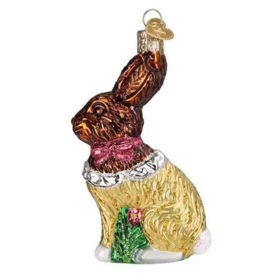 Old World Christmas 4.25 In Chocolate Easter Bunny Tree Ornament , Ornament Foiled Sitting Pink Bow Multicolored {1}
