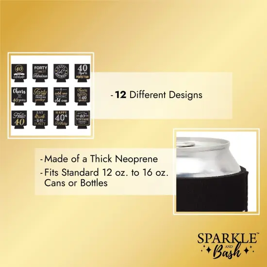 12-Pack Can Cooler Sleeves, 12 Assorted Designs Insulated Neoprene Holder Party Supplies - 40th Birthday Silver {4}