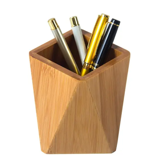 Bamboo Wood Pen Holder Stand for Desk Geometric Pencil Cup Pot Cute Desktop Office Supplies, Makeup Brushes Organizer (Bamboo) {1}