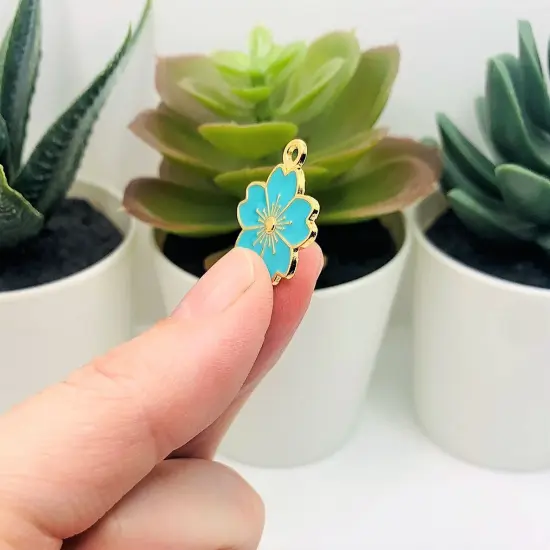 Aqua Blue and Gold Cherry Blossom Flower Charms, 20.5x17.5mm {4}