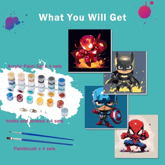 4 Pack Paint by Numbers Kit for Kids Paint by Number Kits Age 4-8 Painting Canvas for Kids Ages 8-12 Boys Framed Canvas Painting by Numbers Anime Drawing Kit Color by Numbers Kit for Kid 8x8 Inch {3}