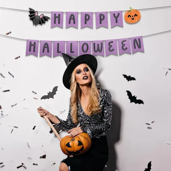 Happy Halloween Banner - Indoor Party Decor with Bat and Pumpkin {3}