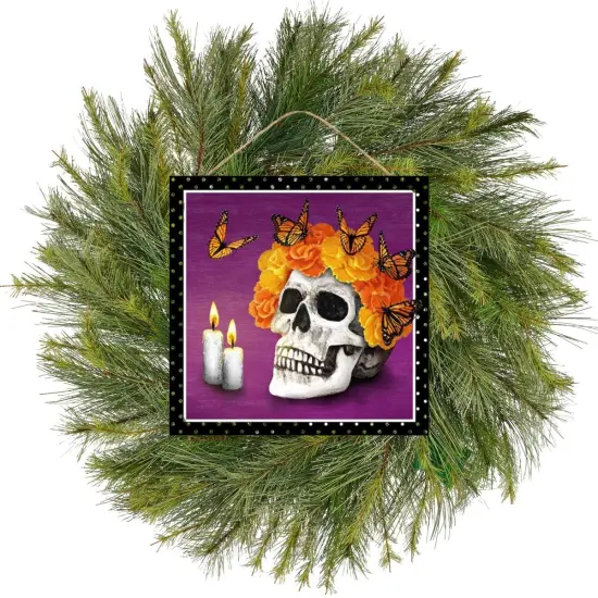 10" Wooden Sign: Skull and Butterflies {4}