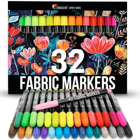 Zenacolor 32 Fabric Markers Pens - Non Toxic, Indelible and Permanent Fabric Paint Pens - Fine Point Tip Textile Marker Pen {1}