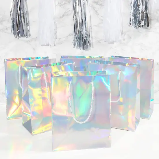 24 Pack Holographic Silver Gift Bags with Handles, 8x4x10 Inch for Wedding, Birthday, Retail, Small Business, Shopping {3}