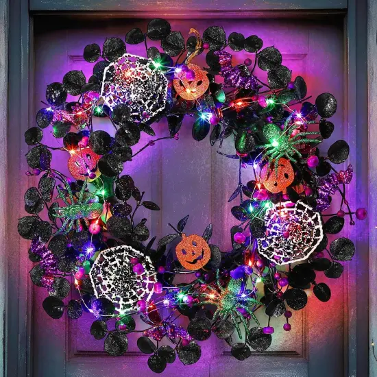 40 LED Light Up Halloween Wreath - Orange Purple Green Halloween - Bright Style {1}
