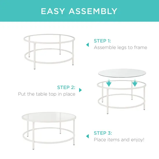 Best Choice Products 36in Round Tempered Glass Coffee Table for Home, Living Room, Dining Room White {6}