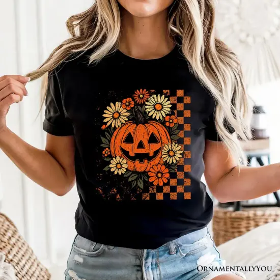 Checkered Floral Pumpkin T-Shirt, Retro Preppy Halloween Tee for Spooky Season Vibes {5}