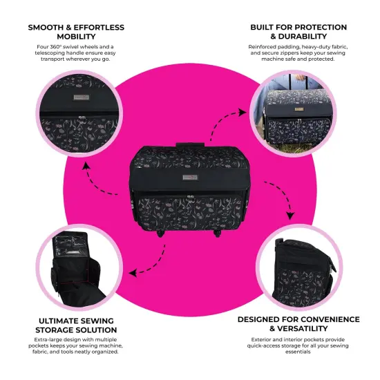XL 4 Wheel Collapsible Deluxe Rolling Sewing Machine Storage Case, Black & Floral {2}
