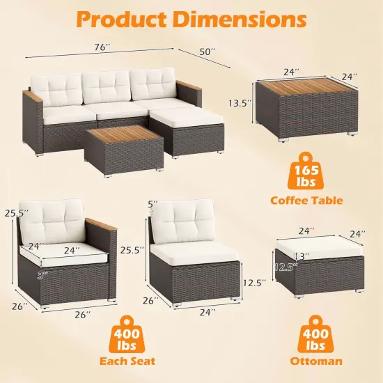 Costway 5 Piece Wicker Conversation Set Patio Rattan Chair & Coffee Table Set for Porch {3}