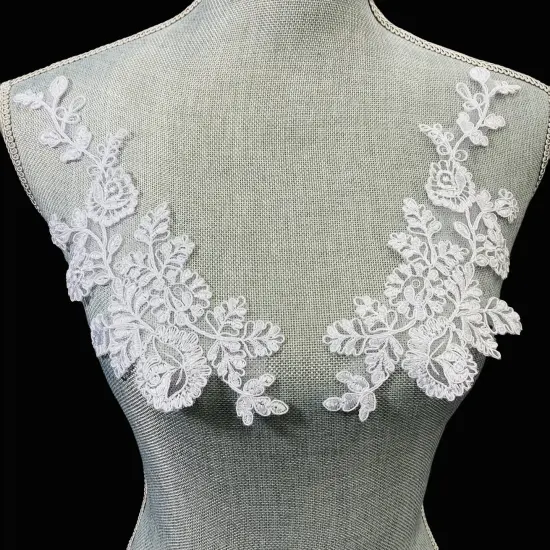 1 Pair Corded Floral Applique for Baptism, Christening, Communion Gowns 9" x 3" Each Side White {1}