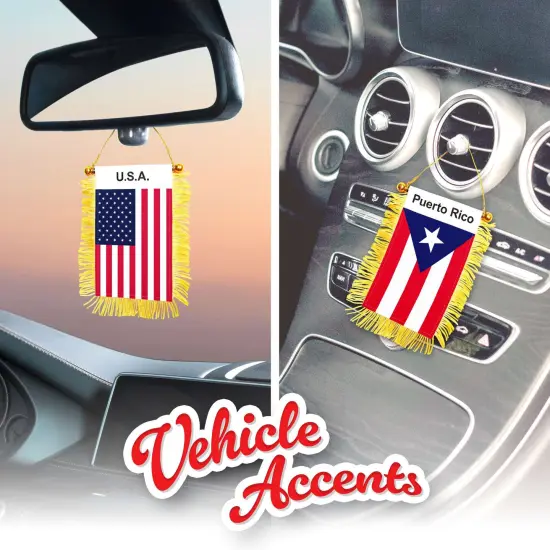 G128 Combo Pack: American USA & Puerto Rico Fringy Flag Double Sided 3x5 In | Both Fringy Hanging Flag with Suction Cup {5}