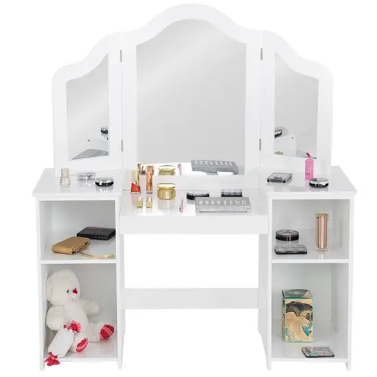 Costway Vanity Table Set Makeup Dressing Kids Girls Study Table Tri Folding Mirror {5}