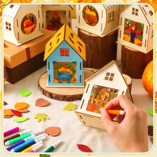12 Sets Wooden Thanksgiving Halloween Houses ,12 Watercolor Pens 100 Foam Stickers(Fall Style) {2}