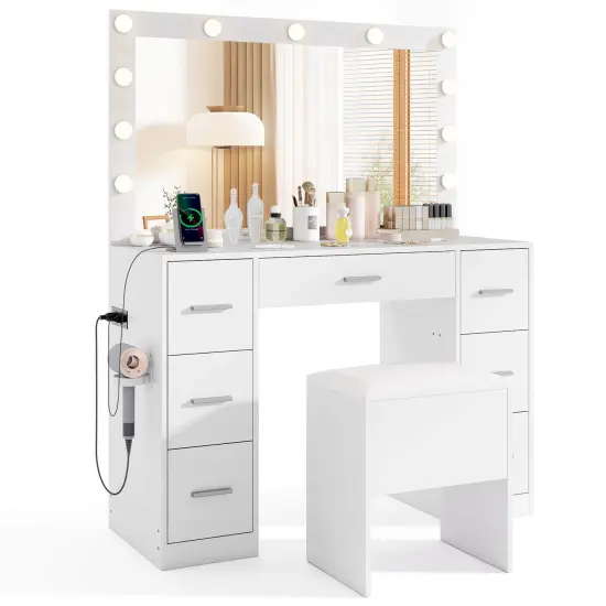 Costway Vanity Desk with Mirror and Lights Storage Stool Power Outlets 3 Lighting Colors {1}