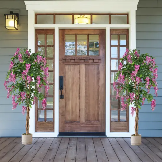 Costway 1/2 PCS 5.5 FT Tall Artificial Ficus Tree Faux Wisteria Plant in Nursery Pot Decoration Pink/Purple {4}