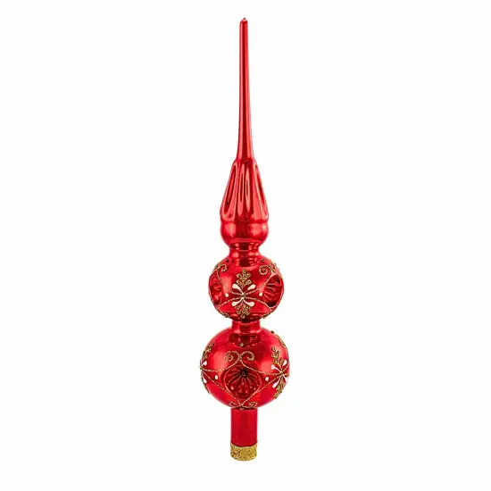 Golden Bell Collection 13.25 In Shiny Red Finial W/Gold Design Christmas Tree Topper , Christmas Decor Reflector Tree Topper {1}