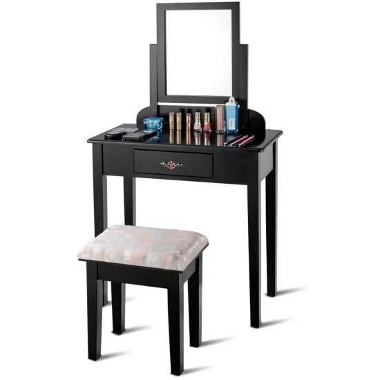 Costway Makeup Desk Vanity Dressing Table Square Stool 1 Large Black {5}