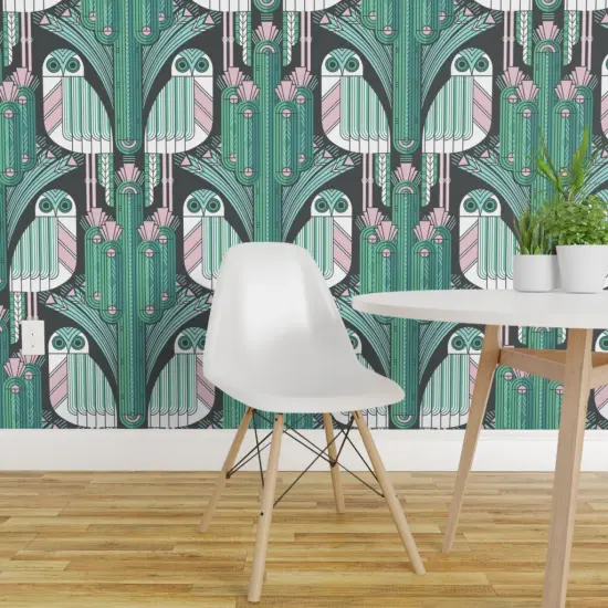 Pre-Pasted Wallpaper 2FT Wide Art Deco Owls Teal Pastel Pink Aqua Saguaro Cactus Desert Southwest Custom Pre-pasted Wallpaper by Spoonflower {1}