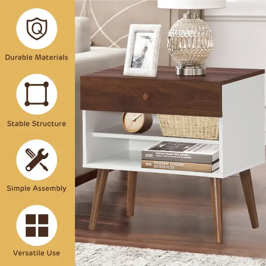 Costway Nightstand End Side Table Drawer Storage Shelf Mid-Century Rubber Wood Leg {5}