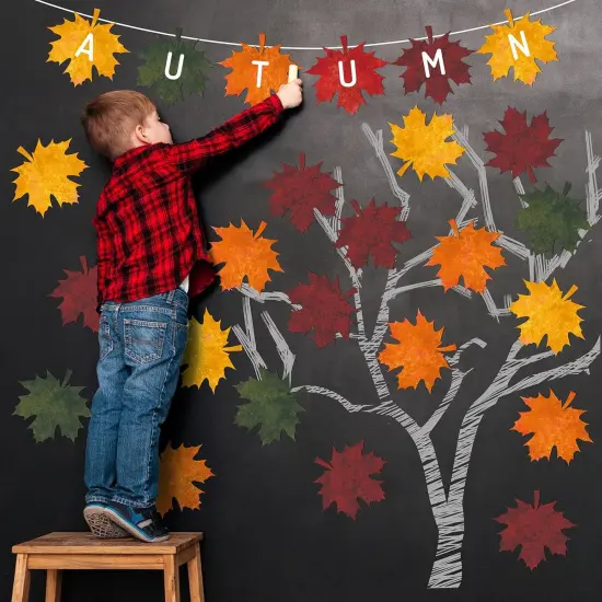 50Pcs Fall Maple Leaves Cutouts 5 Solid Colors Cardboard-Red, Green, Yellow, Brown, Orange {2}