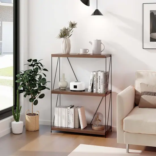 Costway 1/2 PCS 3-Tier Multipurpose Display Rack Freestanding Bookcase with Metal Frame Walnut {4}