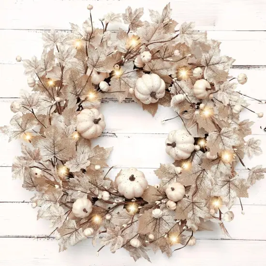 26 Inch Large Foldable Fall Wreath for Front Door with Lights Timer {1}