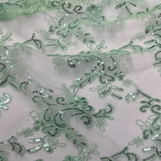 1 Yard Mint Green Corded Sequin Lace Mesh Fabric with Double Scalloped Edge 54&rdquo; Wide {1}