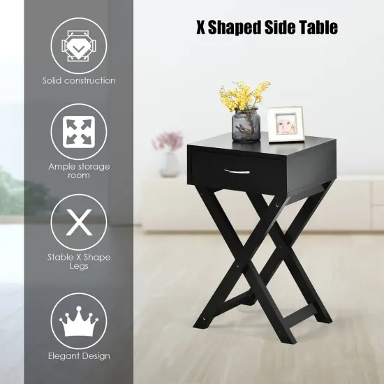 Costway 2PCS Nightstand x-Shape Drawer Accent Side End Table Modern Home Furniture Black {5}
