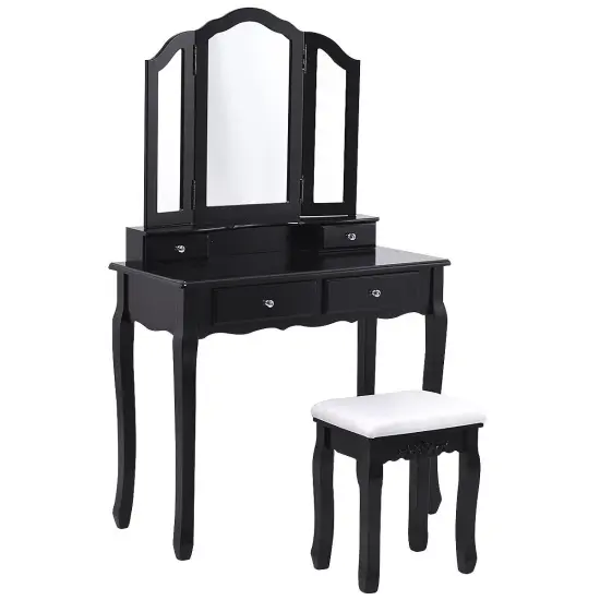 Costway Makeup Table Stool Set Tri Folding Mirror Vanity White\Black {2}