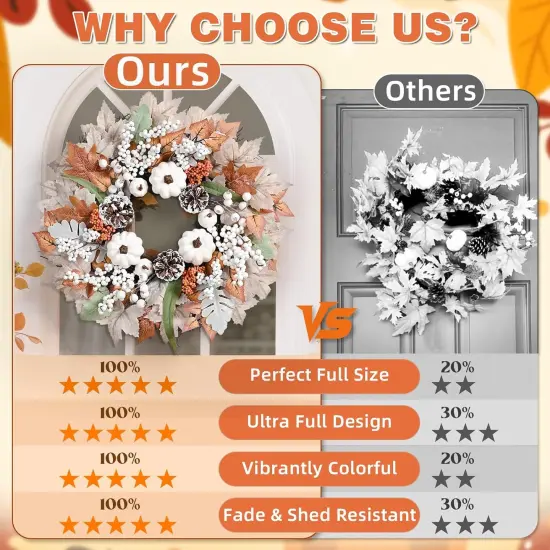 20 Inch Fall Wreaths for Front Door with White Pumpkins {2}