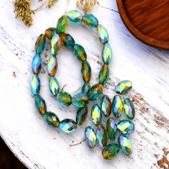 *12* 12x8mm Teal Amber AB Fire Polished Faceted Oval Beads {1}