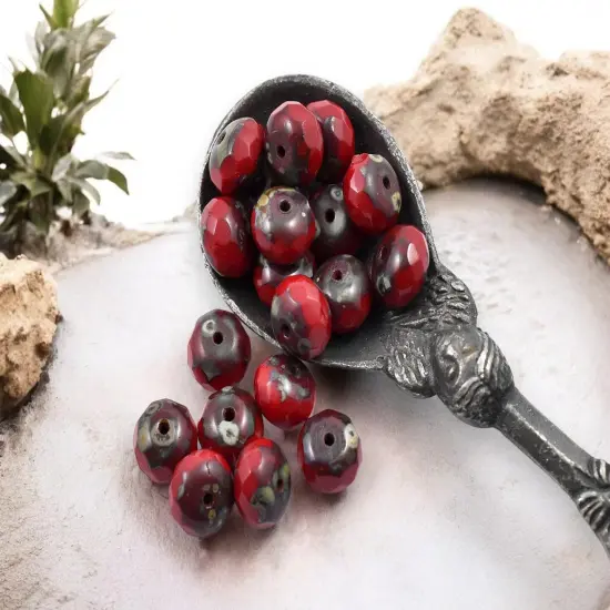 *25* 6x8mm Opaque Lipstick Red Picasso Firepolished Rondelle Beads {4}