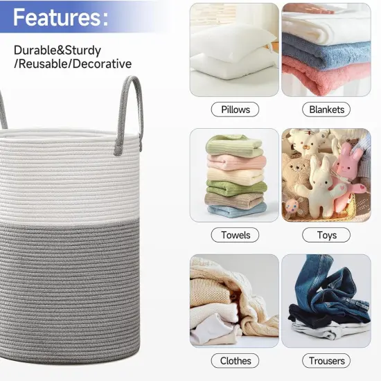 60L Laundry Hamper with Handles,Decorative Blanket Basket Tall Woven Rope Storage Basket for Dirty Clothes,Toys,Blankets in Living Room, Bathroom&Bedroom {4}